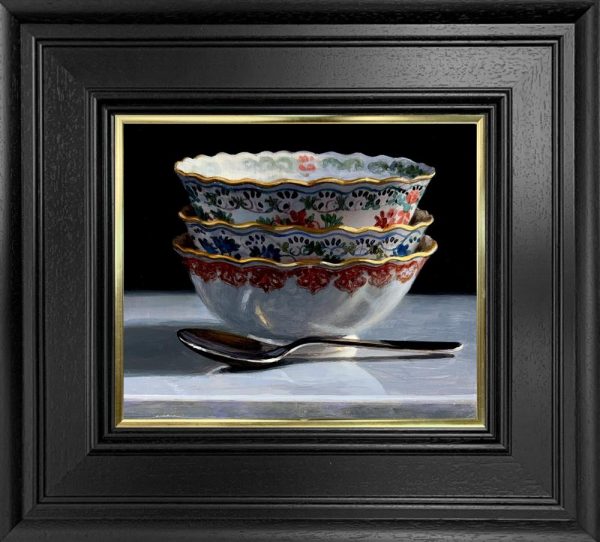 Three Porcelain Bowls And Silver Spoon